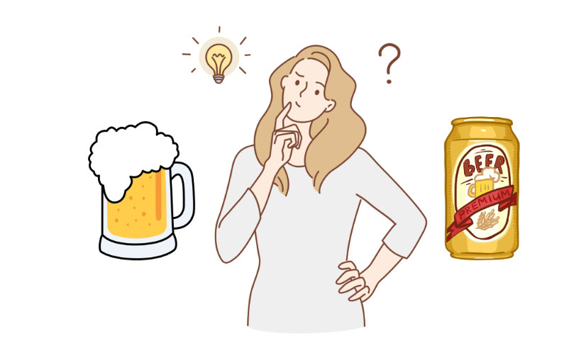 生ビールと缶ビールの違いを疑問に思っている女性